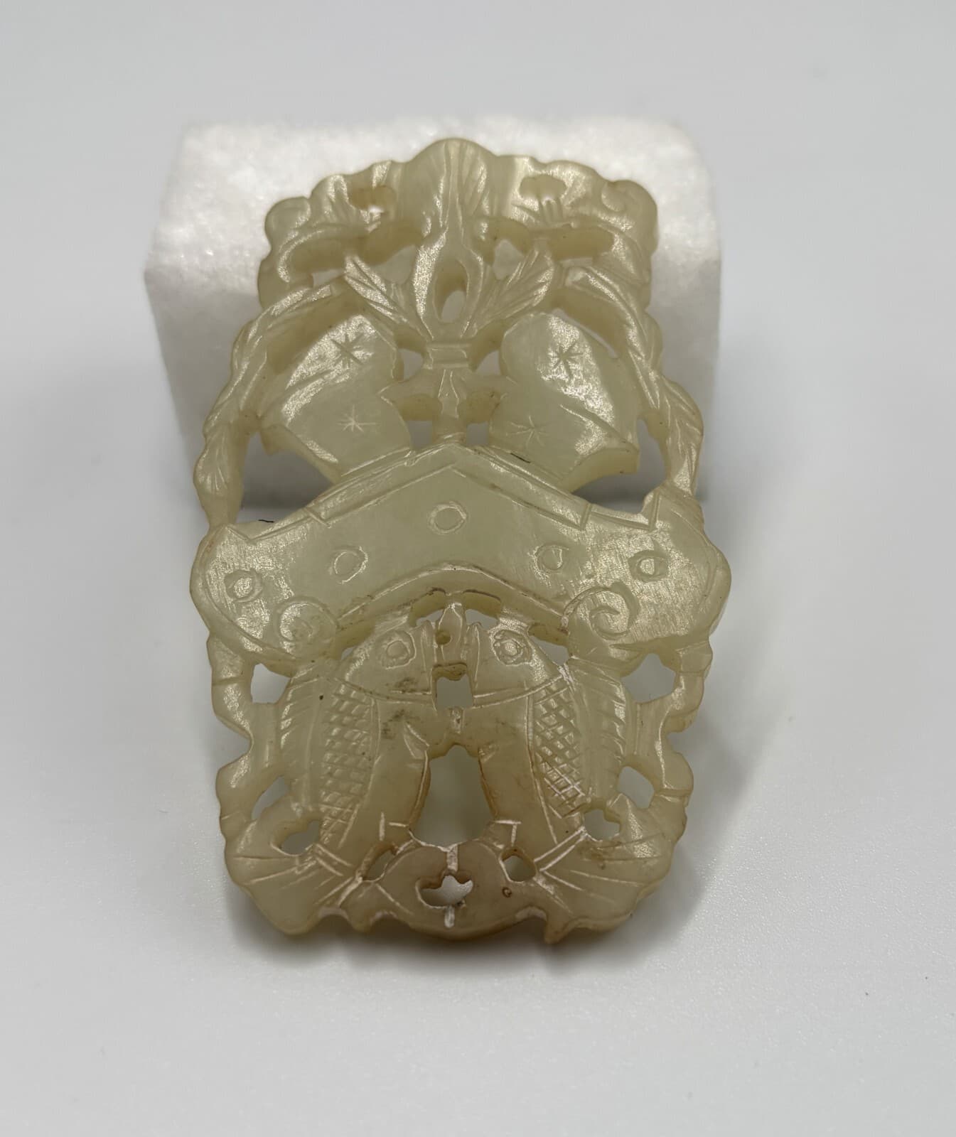 CHINESE QING DYNASTY CARVED JADE  PENDANT PLAQUE 2 SIDED FISH FINE ANTIQUE