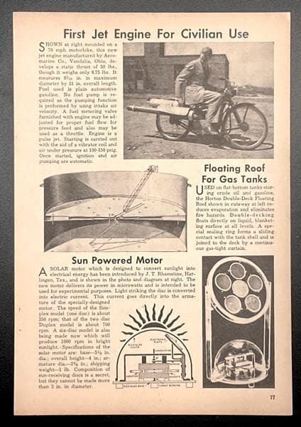 Jet Bike Simplex Aeromarine Co. 1948 article “First Jet Engine for Civilian Use"