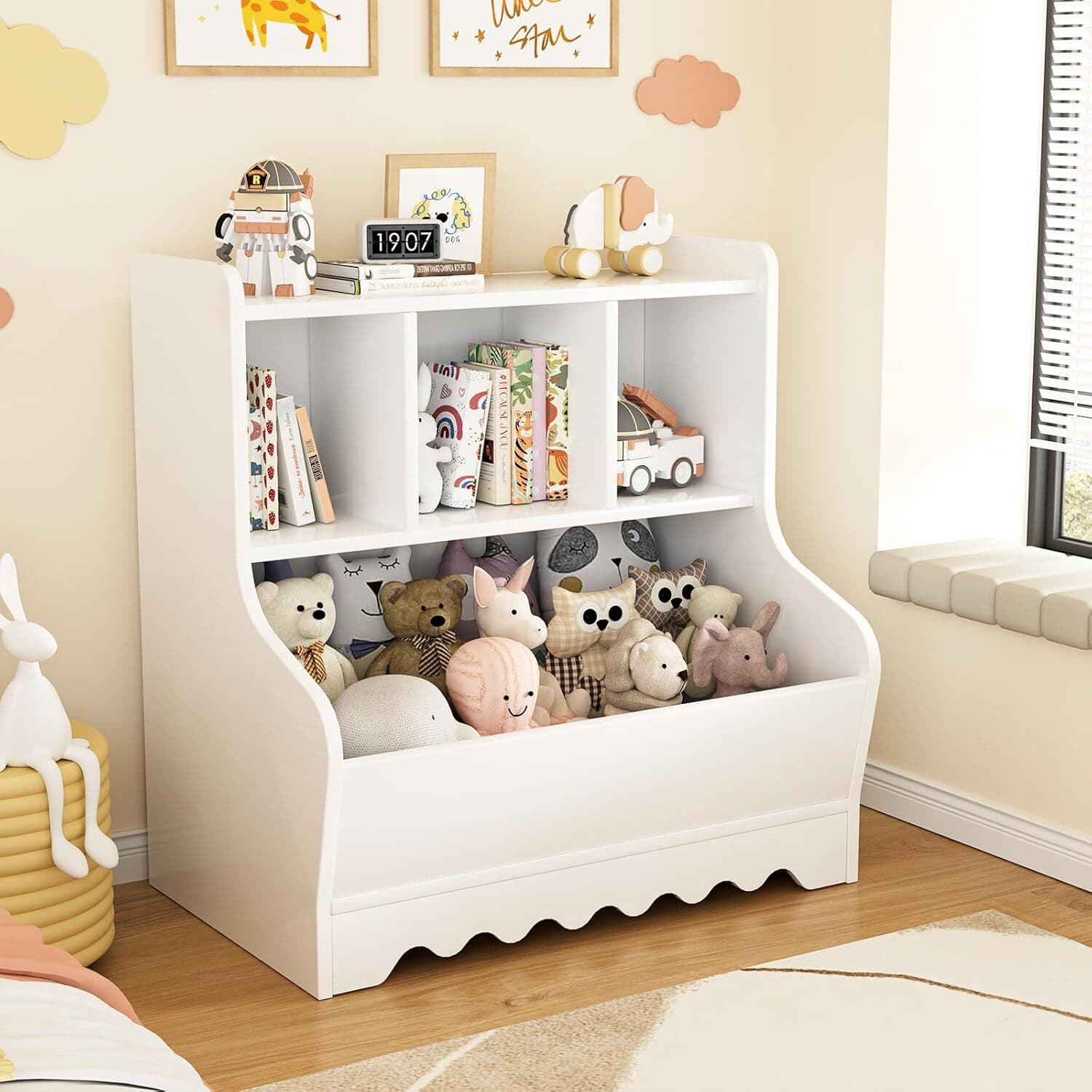 Kids Bookshelf, Toddler Toy Storage Organizer Wooden 4 Cubby Children Book Shelf