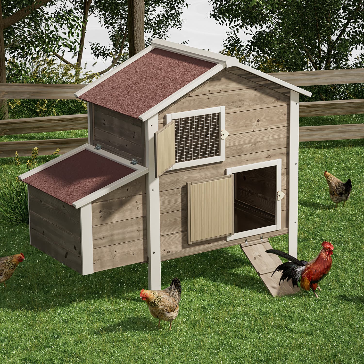 46"Wooden Chicken Coop Cage Hen Rabbit Hutch 2-Tier Poultry Habitat Animal House 5