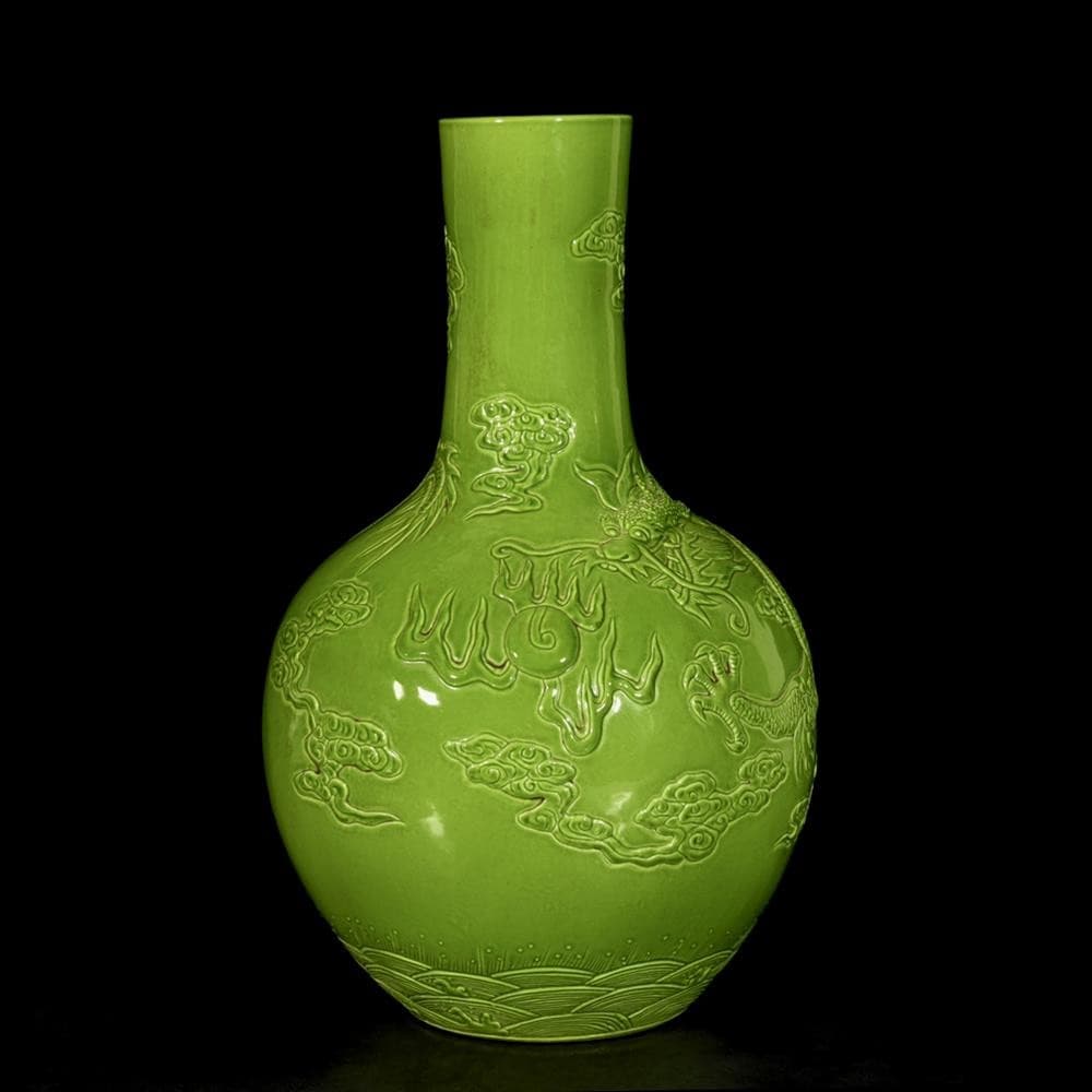 33CM Qianlong Signed Old Chinese Apple Green Vase W/dragon U1325 4