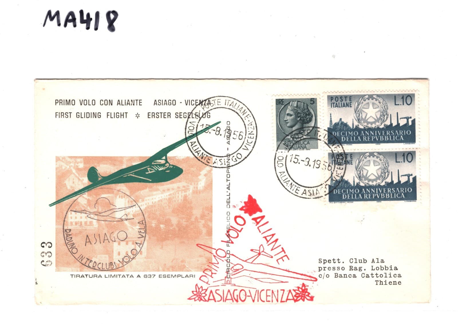 ITALY Air Mail 1956 Cover GLIDER FIRST FLIGHT Asiago Vicenza {samwells}MA418 5