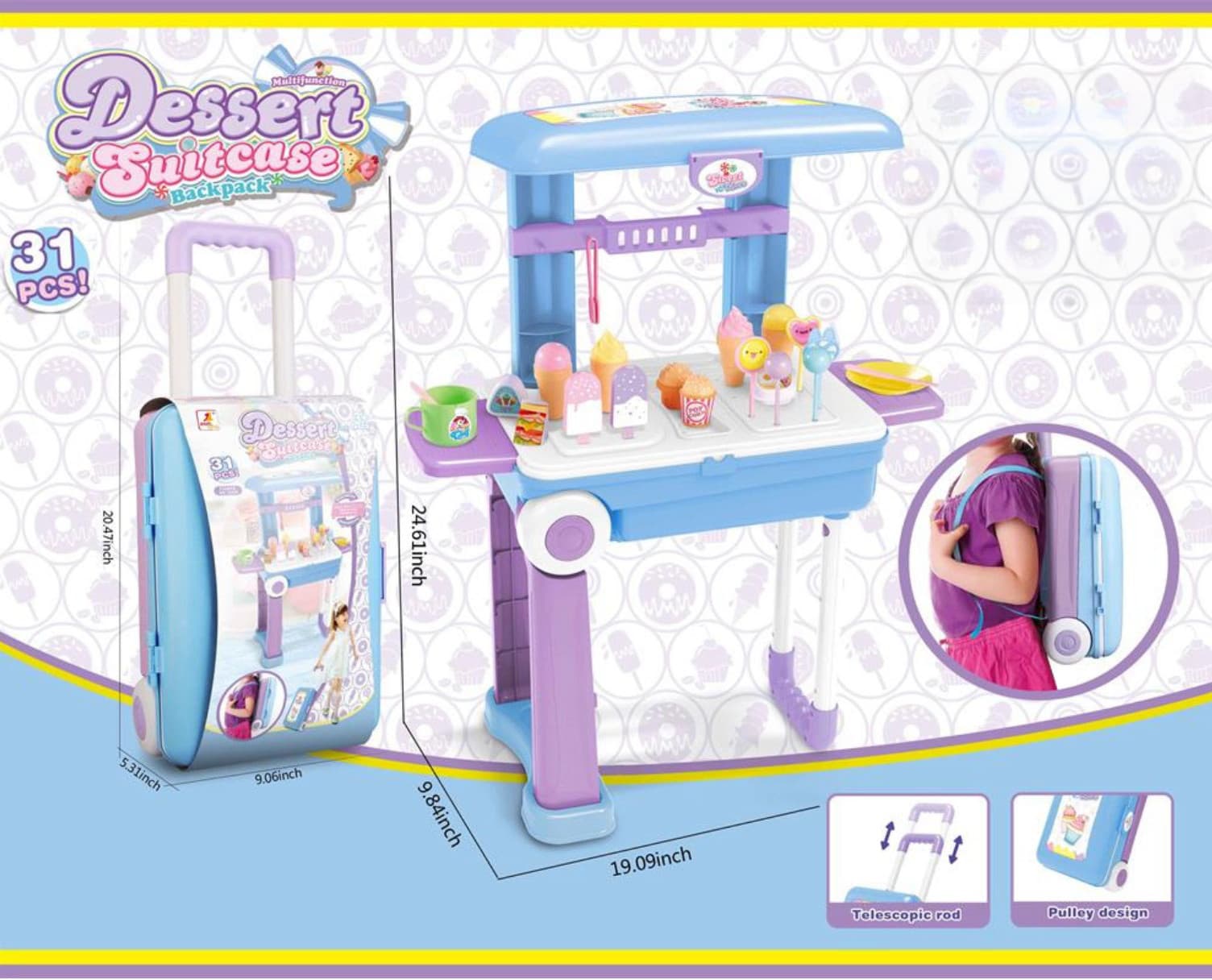 31-Piece Dessert Suitcase Play Set for Kids–Portable Ice Cream Shop w/ Backpack 2