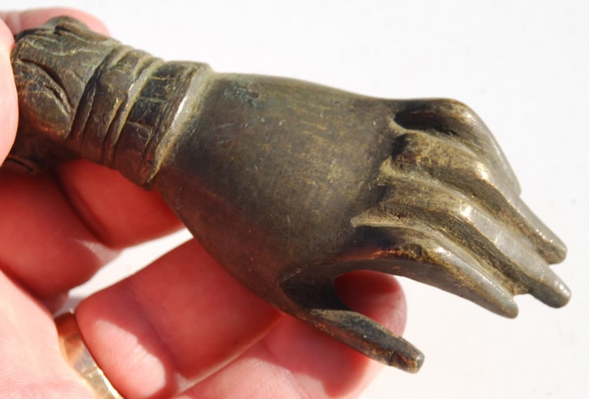 Antique Brass Door Knocker Hand Of Fatima - Heavy- Solid 4" long- Old Patina 2