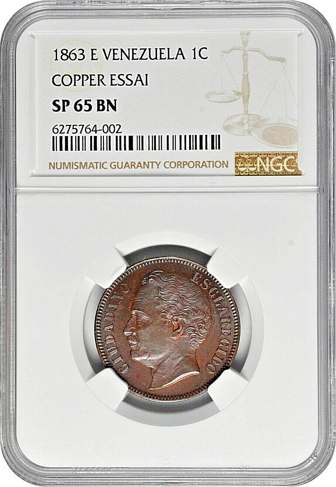 1863-E VENEZUELA REPUBLIC COPPER ESSAI CENTAVO (PATTERN) NGC GEM SPECIMEN-65 BWN 5