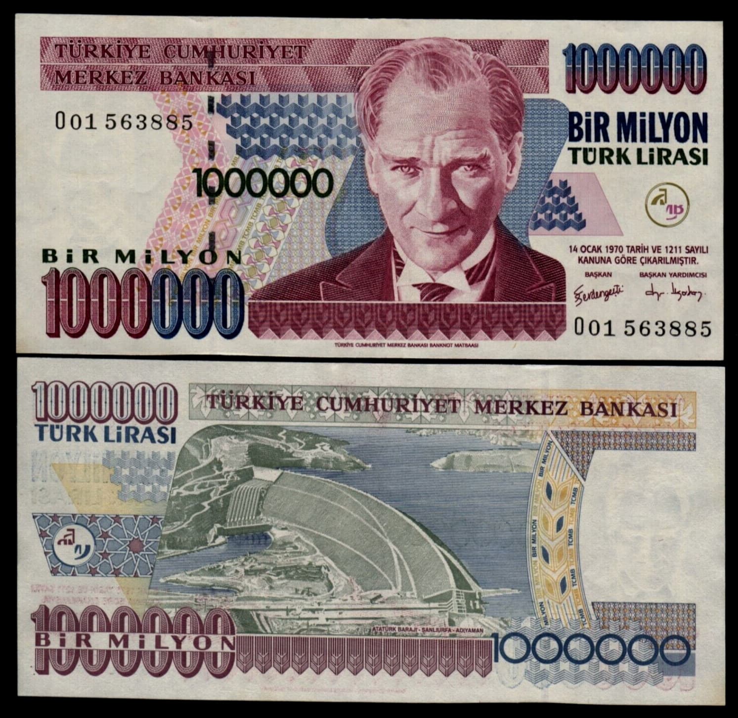 1,000,000 Turkey 1 Million LIRA P-213 1970 ( 2002 ) DAM UNC Turkish 1000000 NOTE