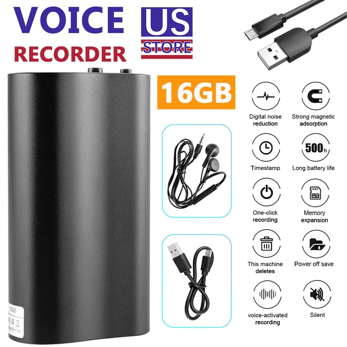 Voice Activated Recorder 16GB 240 Hr Spy Mini MP3 Digital Audio Recording Device