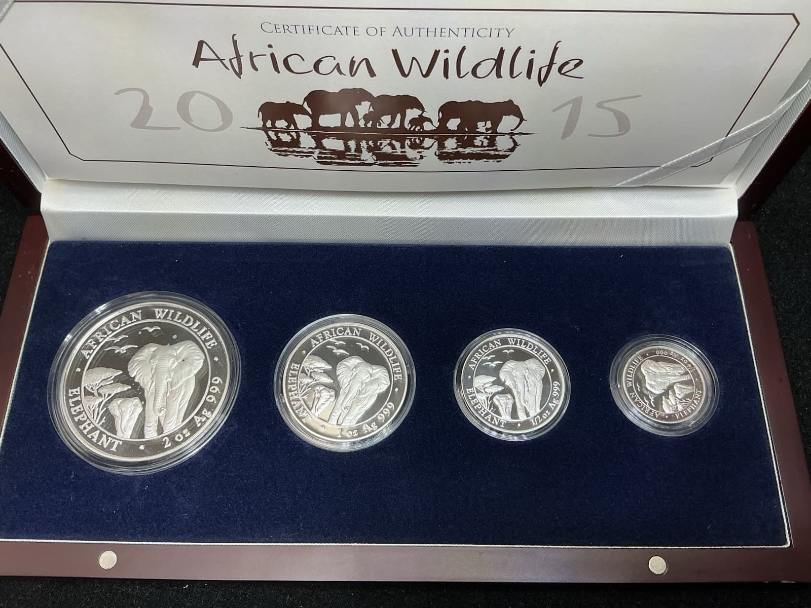 2015 Somalian SILVER ELEPHANT 4 COIN PROOF SET in Box with COA African Wildlife 2