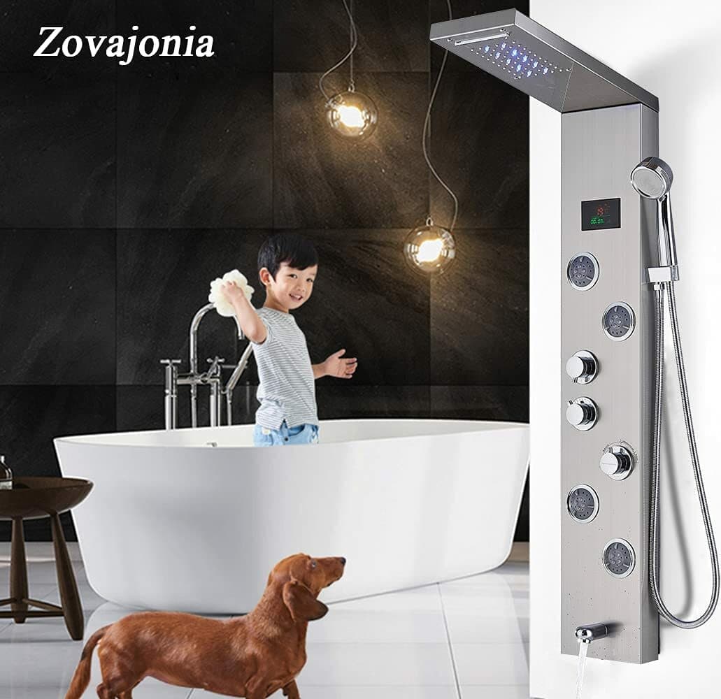 LED Shower Panel Tower Rain&Waterfall Shower Head Massage Full Body System Jets 5