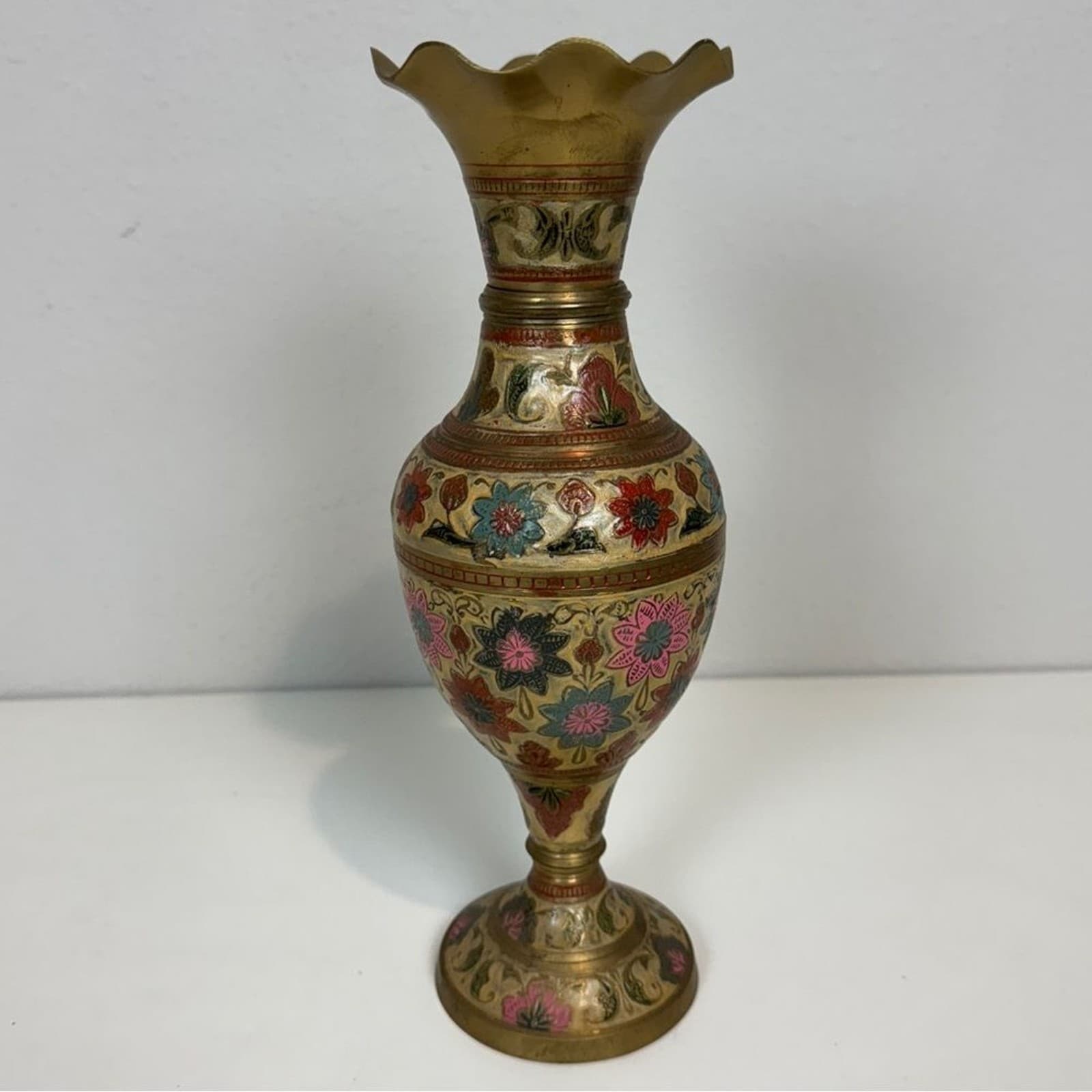 Vintage Enameled Fluted Brass Vase India 12 inch 6