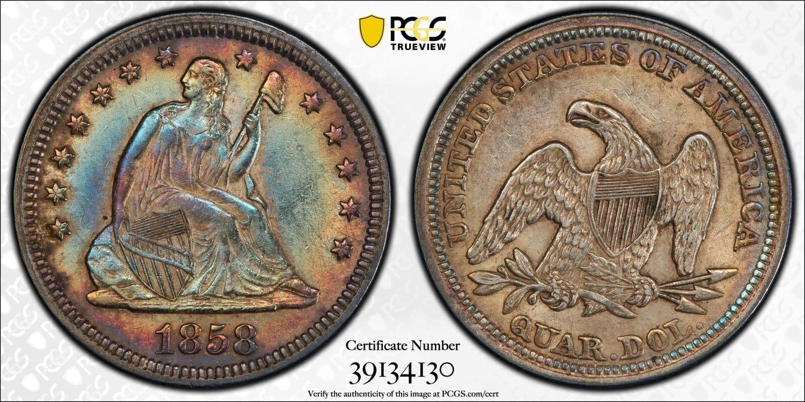 1858 25C Seated Liberty Quarter PCGS AU53 Colorful Obverse Toning
