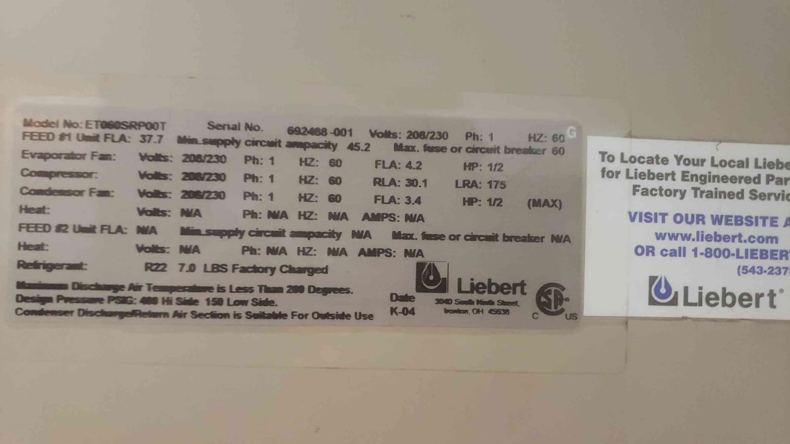 Liebert 5 Ton 208/230 1PH Packaged Wall Mount AC ET060SRP00T Bard (SKU: 110865) 2