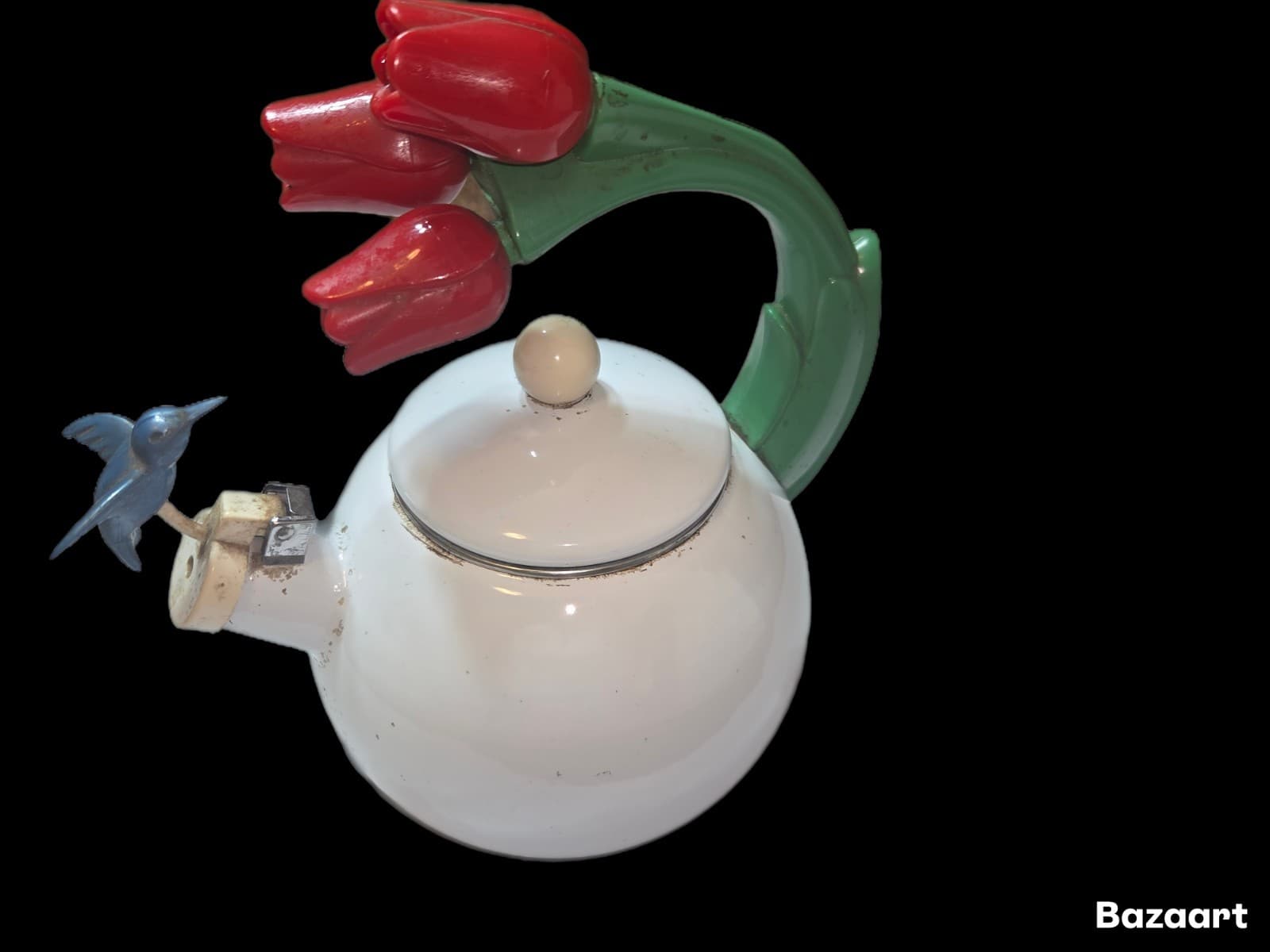 VINTAGE 1990S VIA ANCONA HUMMINGBIRD AND TULIPS ENAMEL WHISTLING TEA KETTLE 3