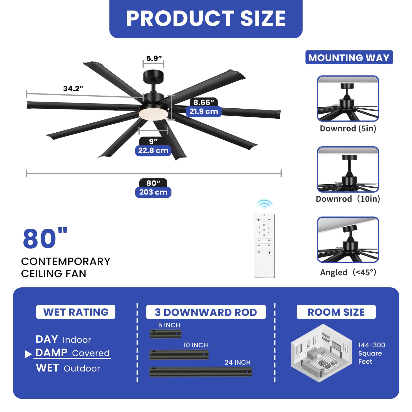 80" Commercial Ceiling Fan w/ Adjustable Light Remote Control Reversible Black 3