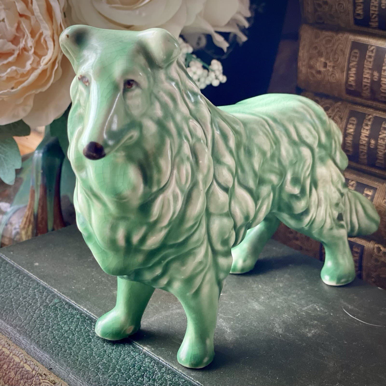 SylvaC Rough Collie Dog Green Figurine #1548 Vintage Excellent  3