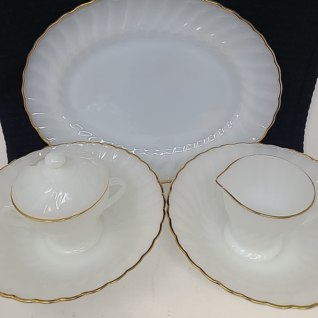 Vtg Anchor Hocking Fire King Swirl Milk Glass Creamer Sugar Platter Bowls Set 5