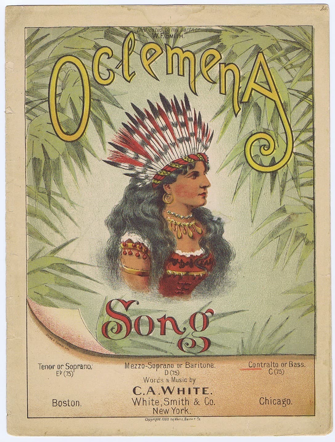 Oclemena - Indian Princess - 1888 - Rare song - Sturn and Schmidt litho