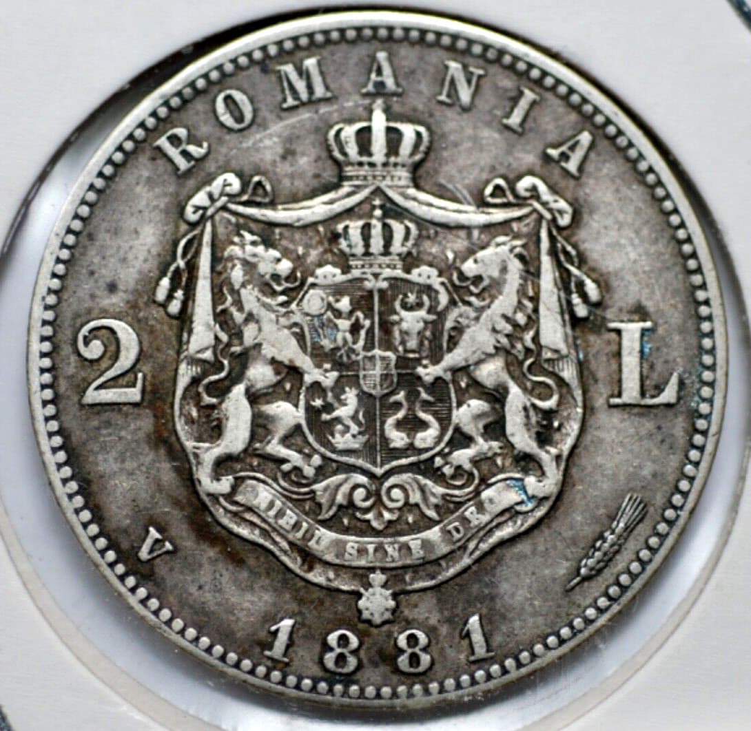Scarce 1881 Romania 2 Lei Silver Coin *VF/XF 2
