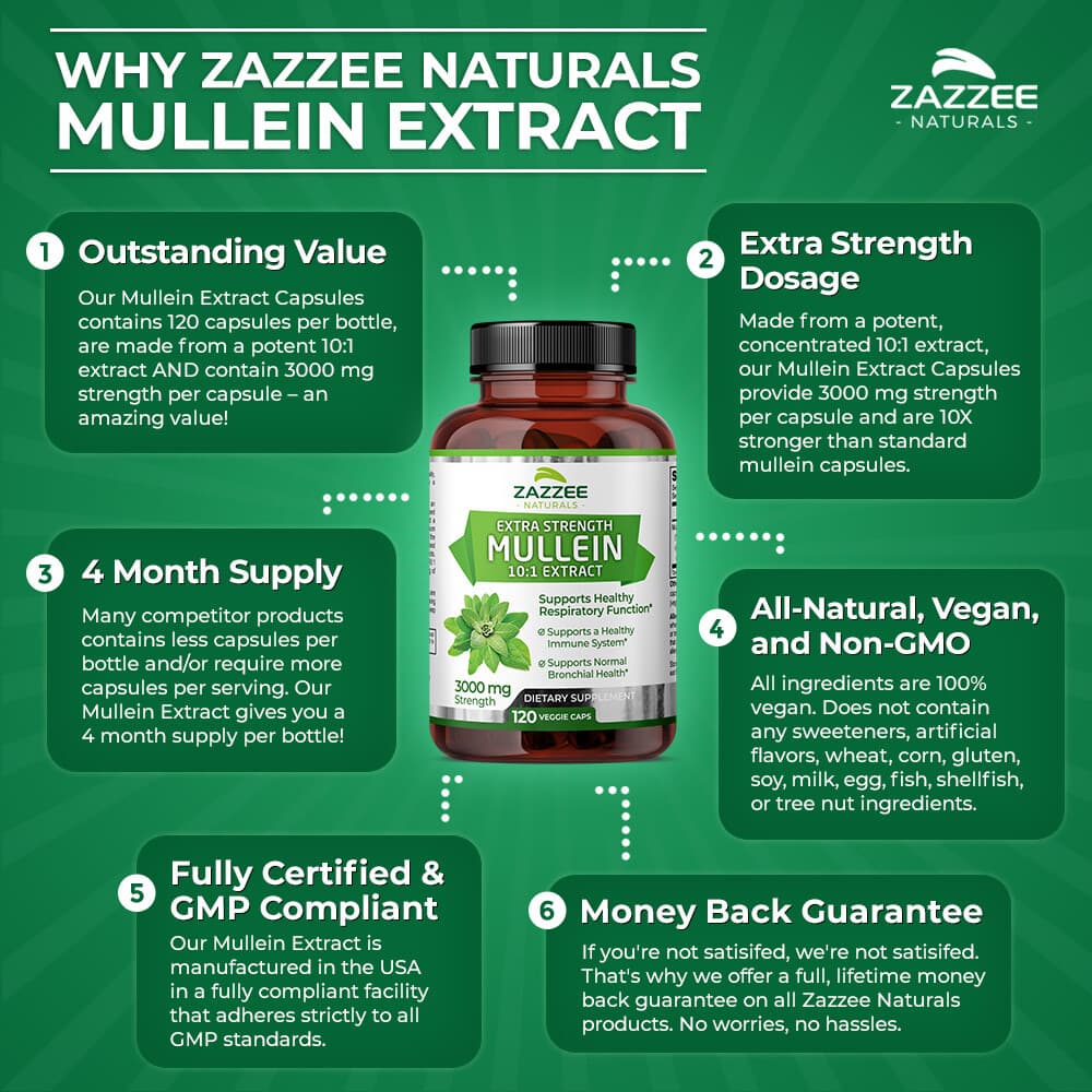 Zazzee Extra Strength Mullein 10:1 Extract, 3000 mg Strength, 120 Vegan Capsules 6