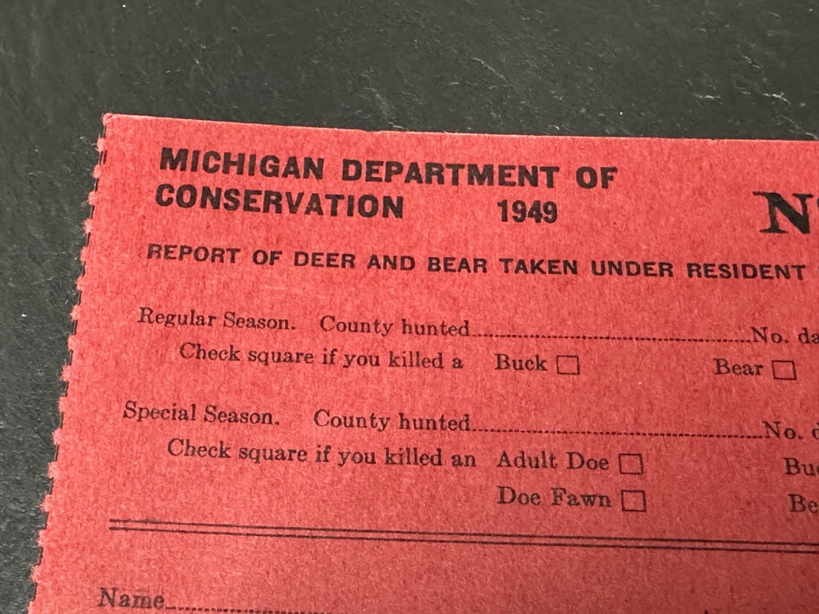 1949 MICHIGAN DEPARTMENT OF CONSERVATION DEER & BEAR TAKEN FORM FP369 3