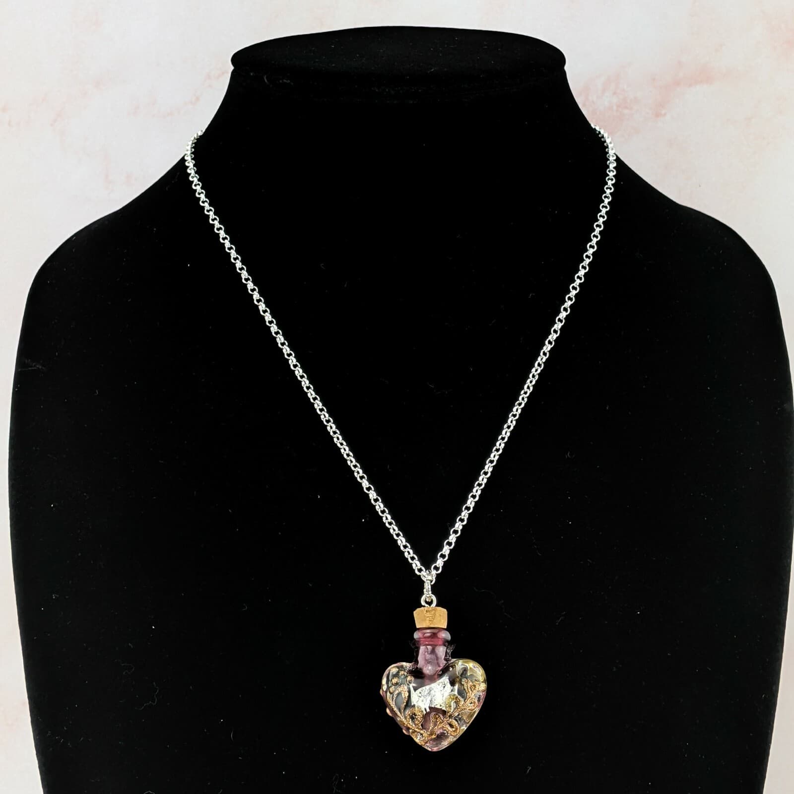 Heart Cremation Urn Necklace Silver jewelry purple Murano Glass sympathy ashes 5