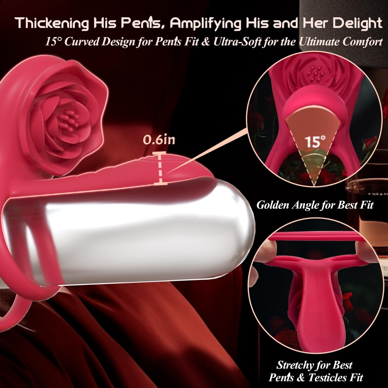 Rechargeable Couples Vibrating Cock Ring with Rose G-Spot Clitoral Stimulator 6