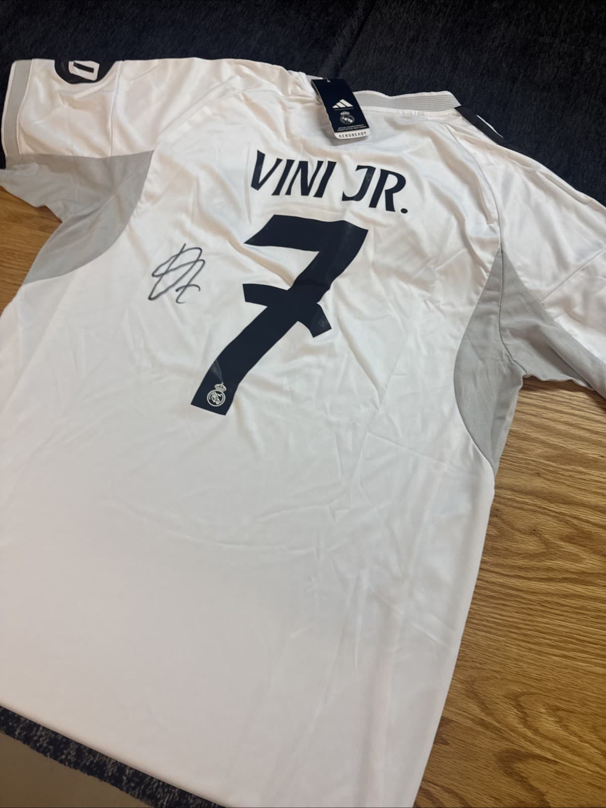 Autographed/Signed Vini Vinicius Jr. Real Madrid White Soccer Jersey Proof w/COA 3