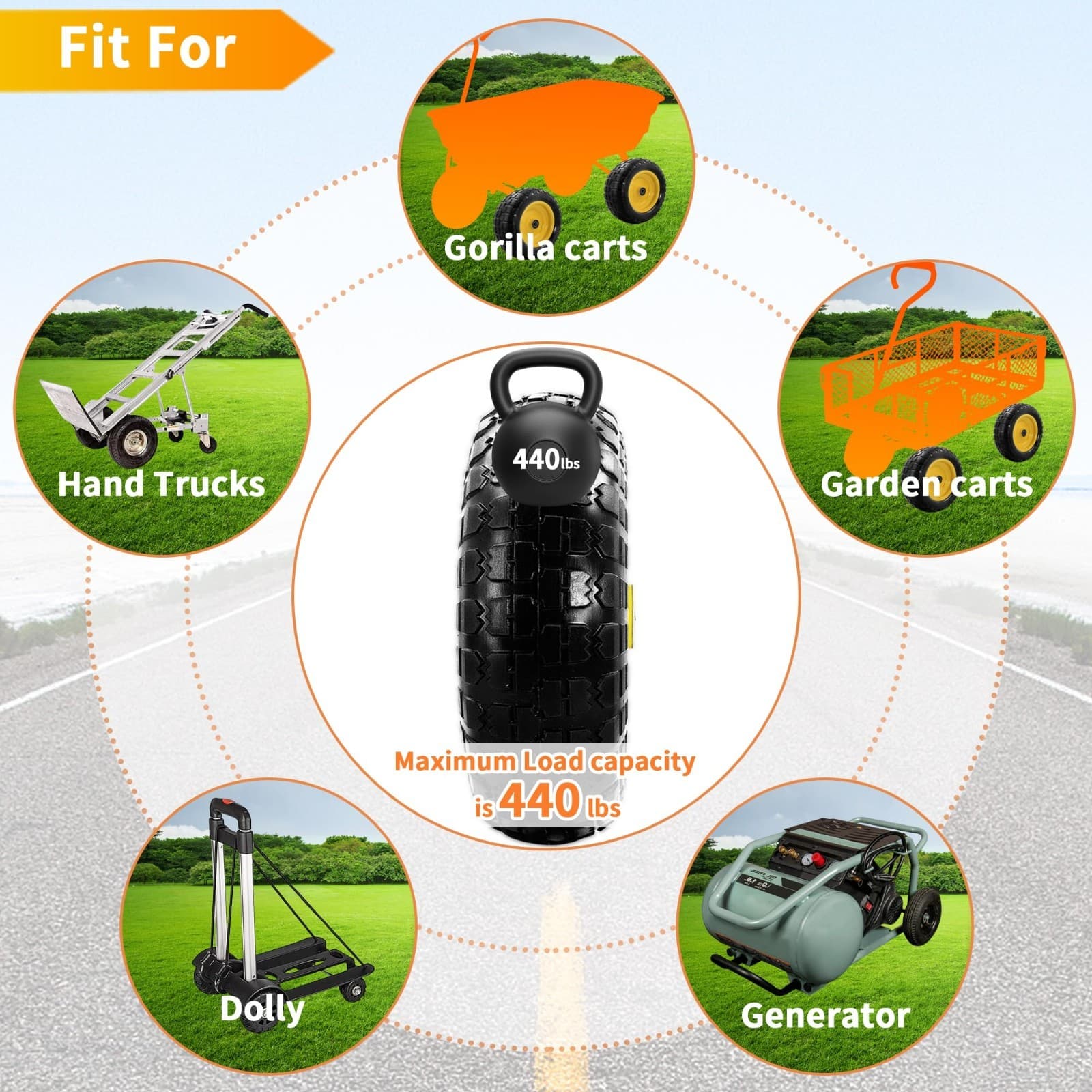 4PCS Upgrade 4.10/3.50-4 Flat Free Solid Rubber Tire and Wheel, 10" Solid Tires 5