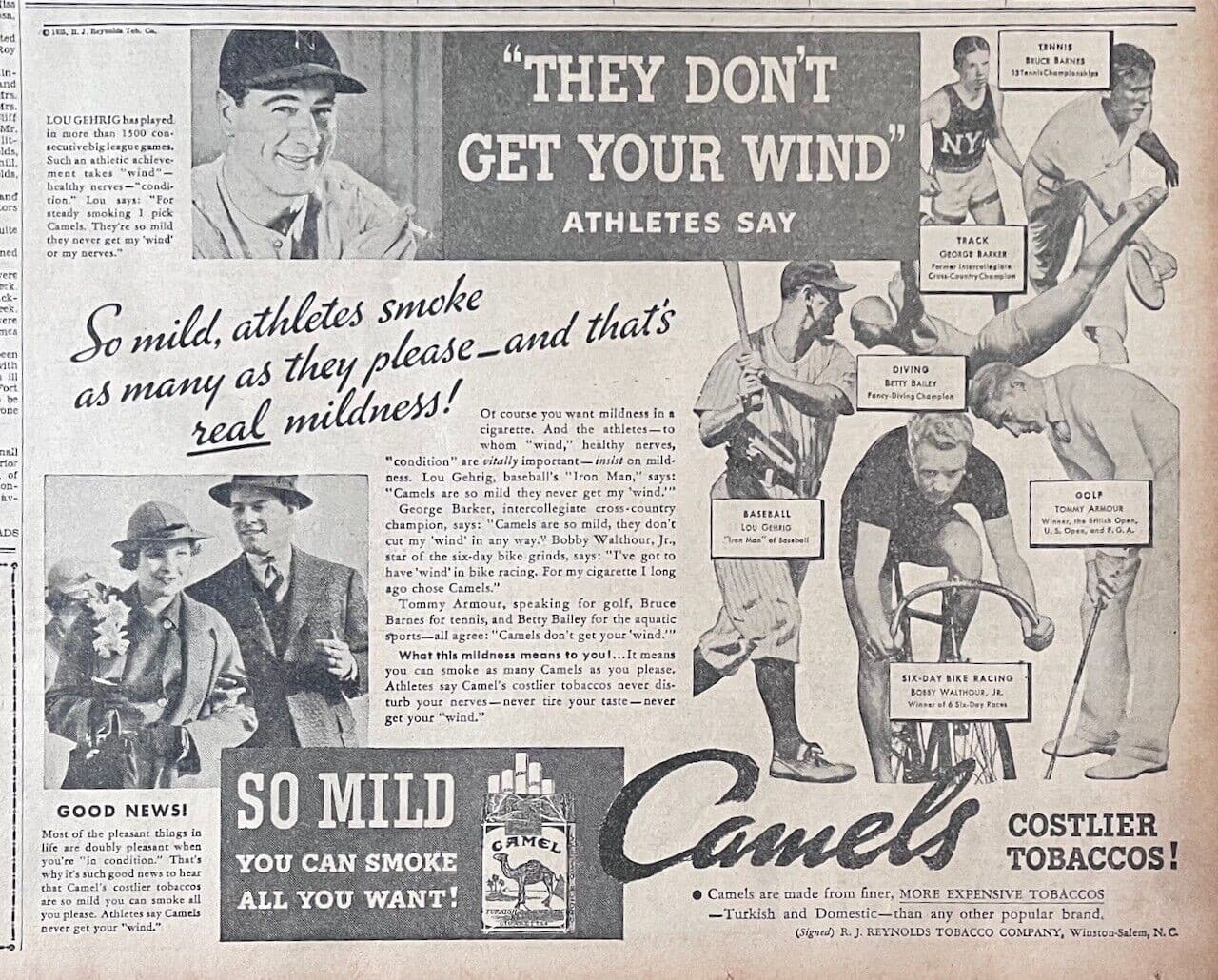 1934 newspaper ad for Camels - Lou Gehrig NewYork Yankees, and more