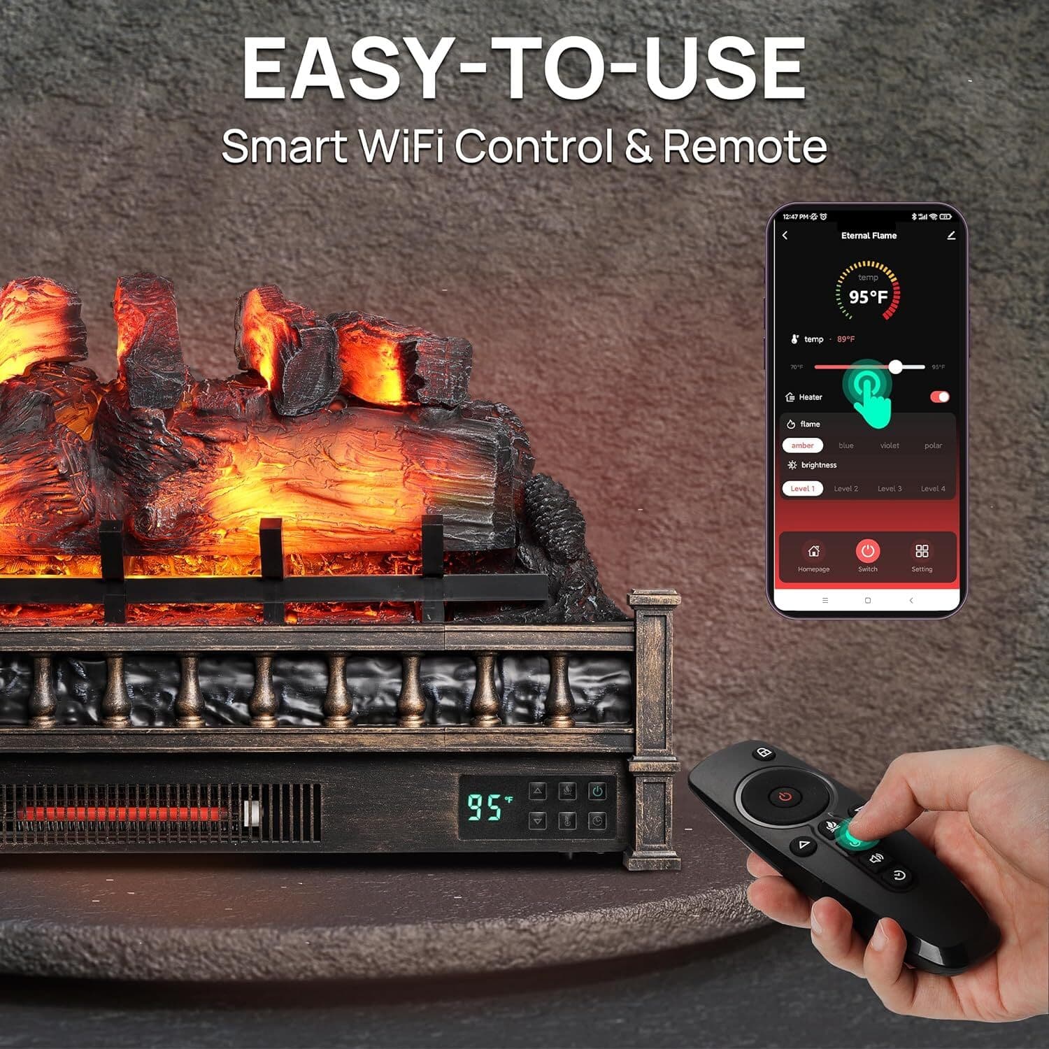 TURBRO Eternal Flame 30 in. WiFi Infrared Quartz Electric Fireplace Log Heater 4