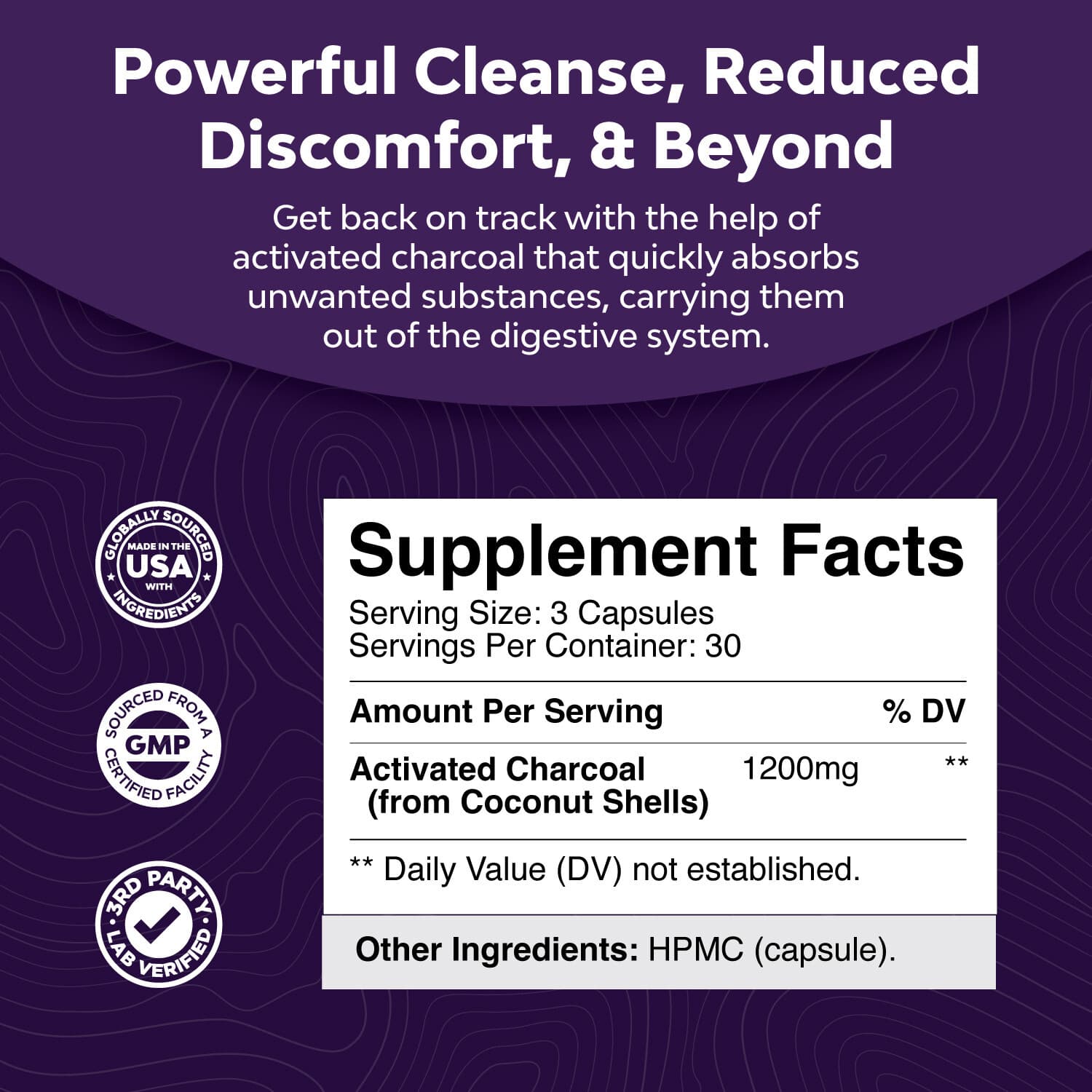 Cleanse and Detox Activated Charcoal Capsules Purifying 1200mg Per Serving 90ct 3