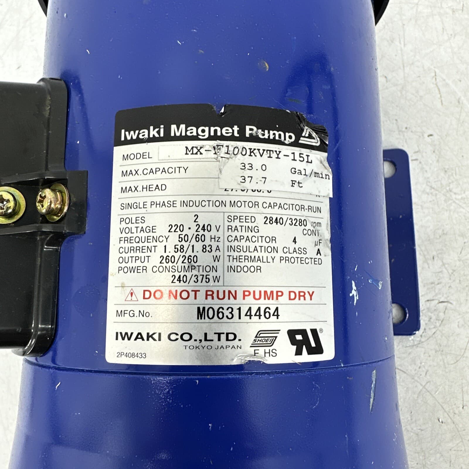 Iwaki Magnet Pump MX-F100KVTY-15L Single Phase Induction Motor 33 gal/min 3