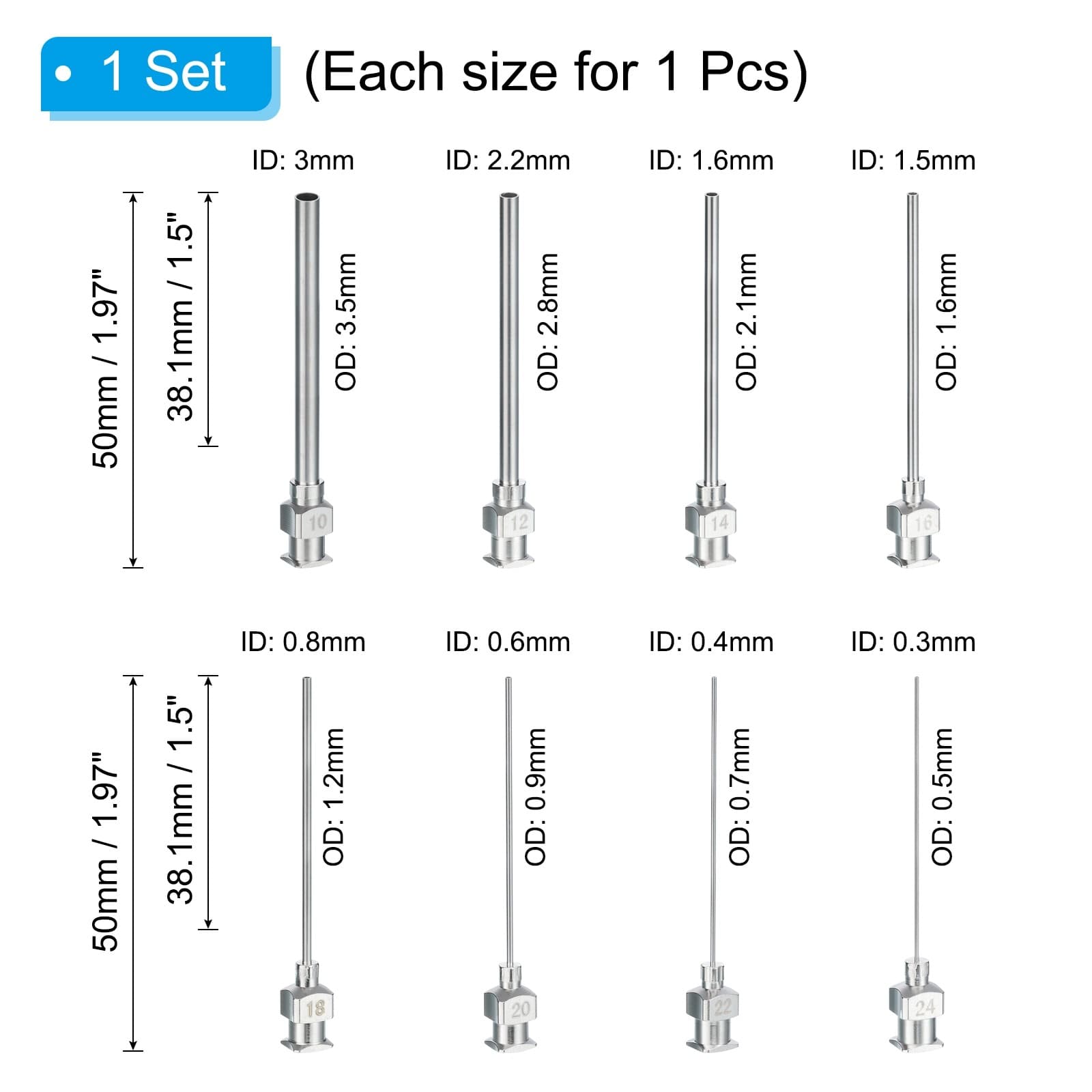 10/12/14/16/18/20/22/24Gax1.5” Dispensing Needle Tips Stainless Steel Silver 2
