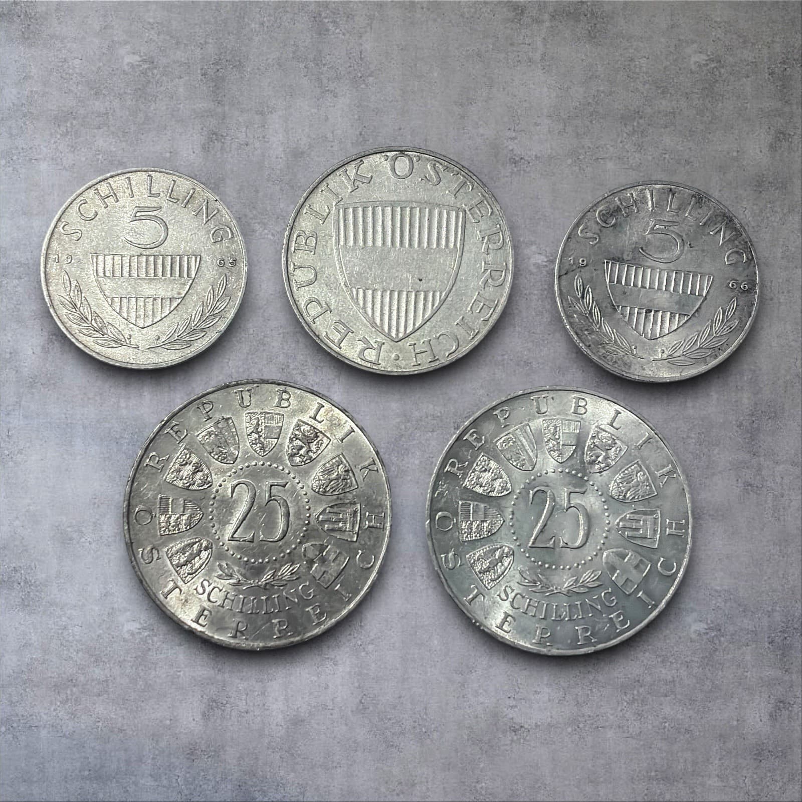 1957-1966 🇦🇹 Lot of 5 Austrian Silver Coins 5, 10, 25 Schilling Free Shipping! 2