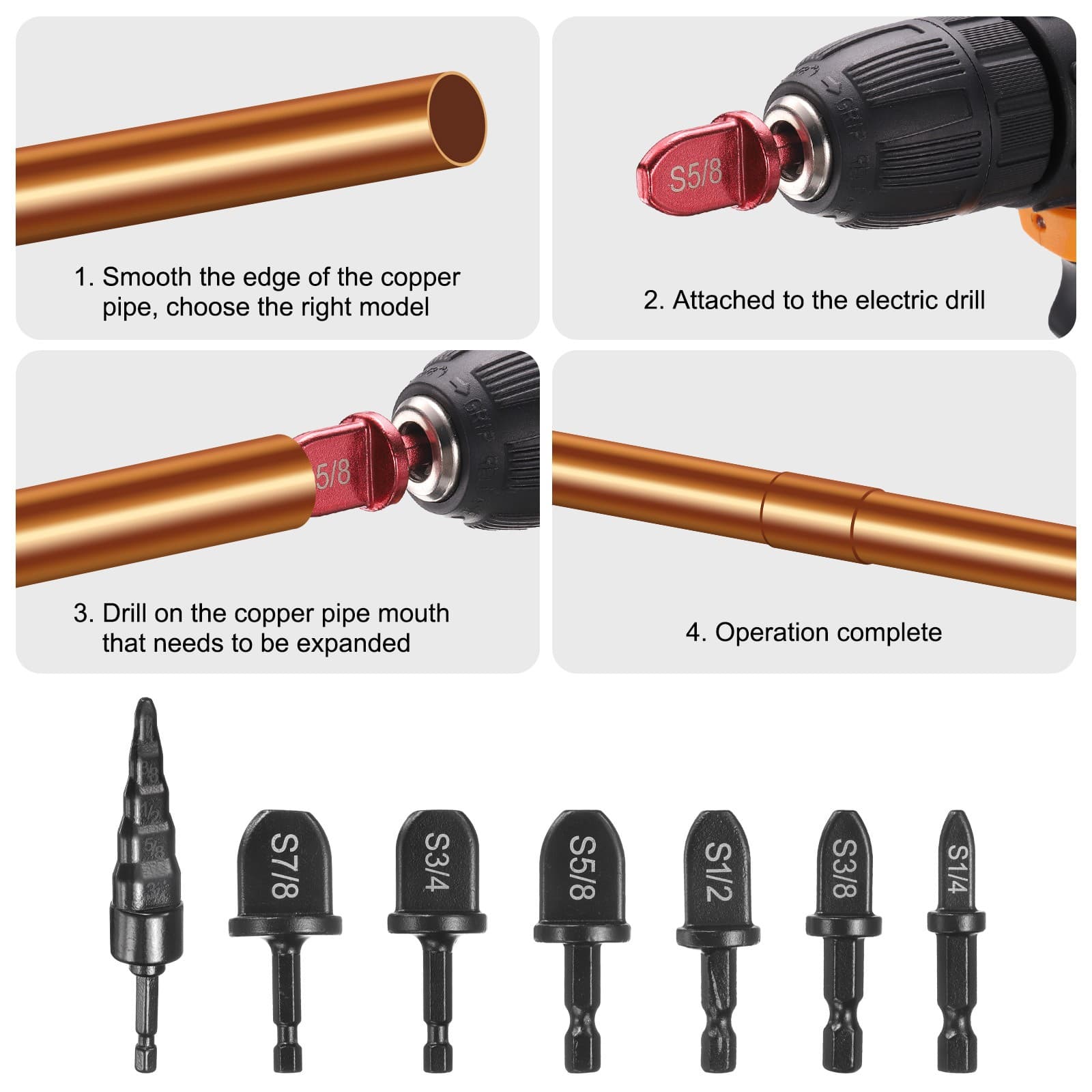 Swaging Tool Drill Bit Set 1/4" 3/8" 1/2" 5/8" 3/4" 7/8" w 5 in 1 Flaring Tool 3