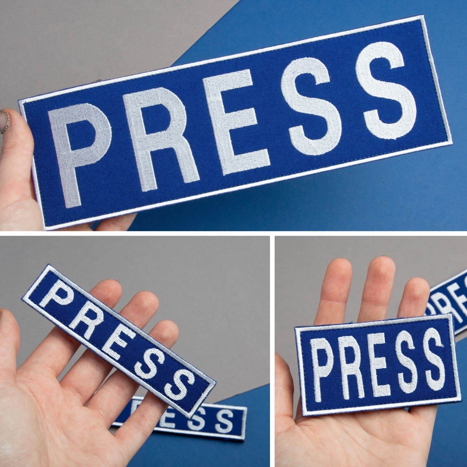 3-Piece Embroidered PRESS Patch for Vests, Jackets, Large & Small, Blue & White 3