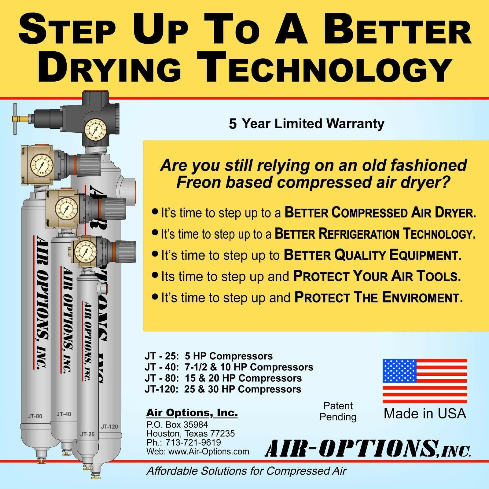 Refrigerated Compressed Air Dryer for 5 HP 2-Stage Air Compressor, JT Series 5