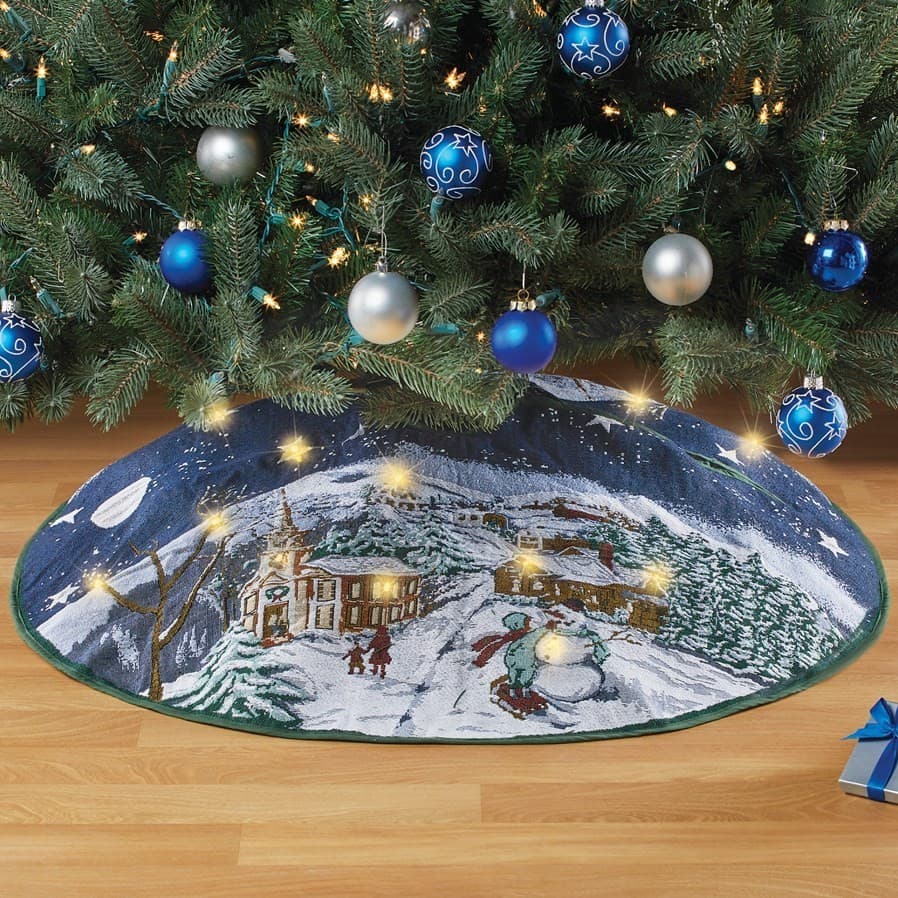 LED Lighted Christmas Tree Skirt Tapestry Winter Scene 39" NEW Tested Works!