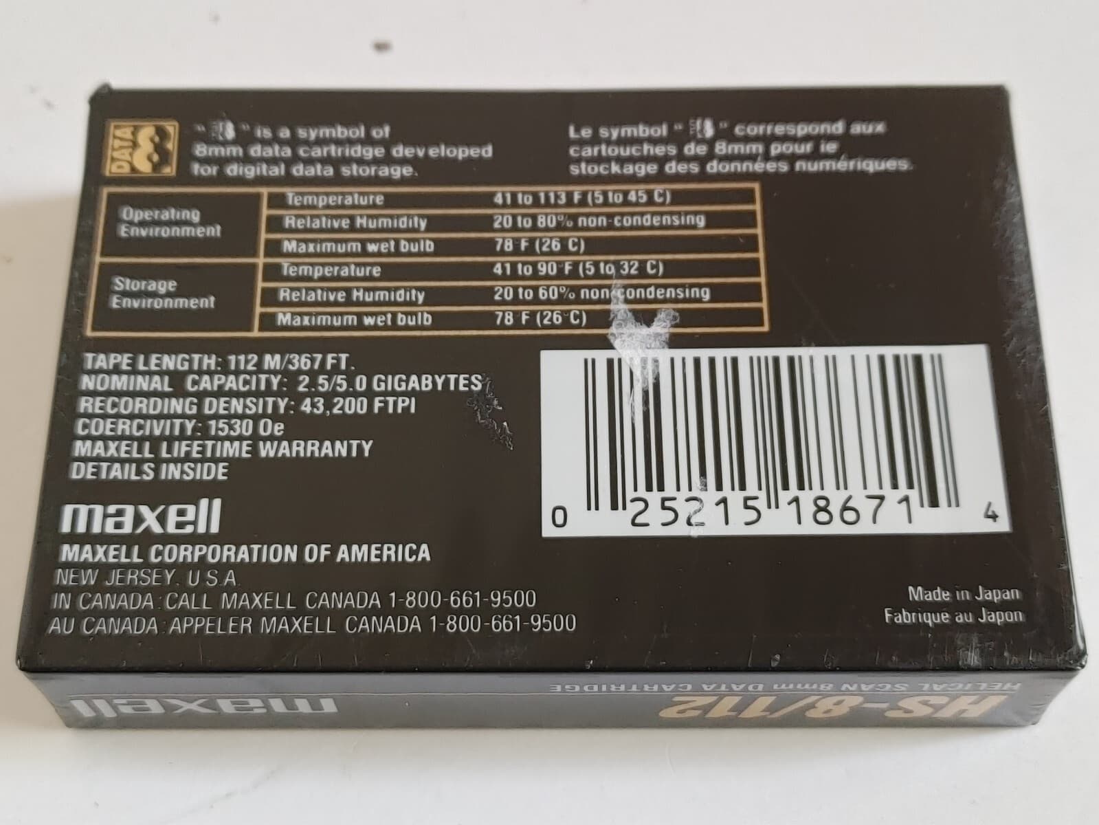 Maxell HS-8/112 Helical-Scan 8mm Data Cartridge New Nominal Capacity 2.5/5.0 GB 2