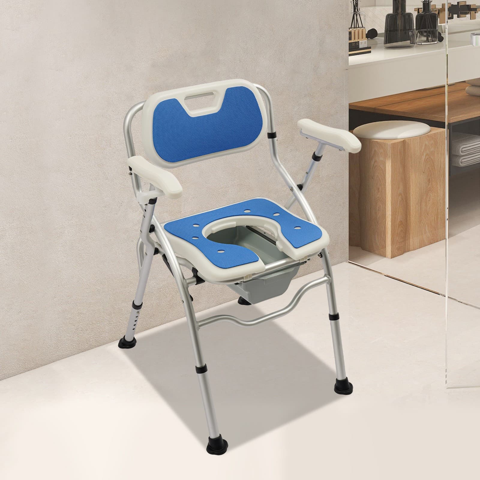 Bedside Shower Chair Commode Chair w/ Backrest & Armrests Height Adjustable 3