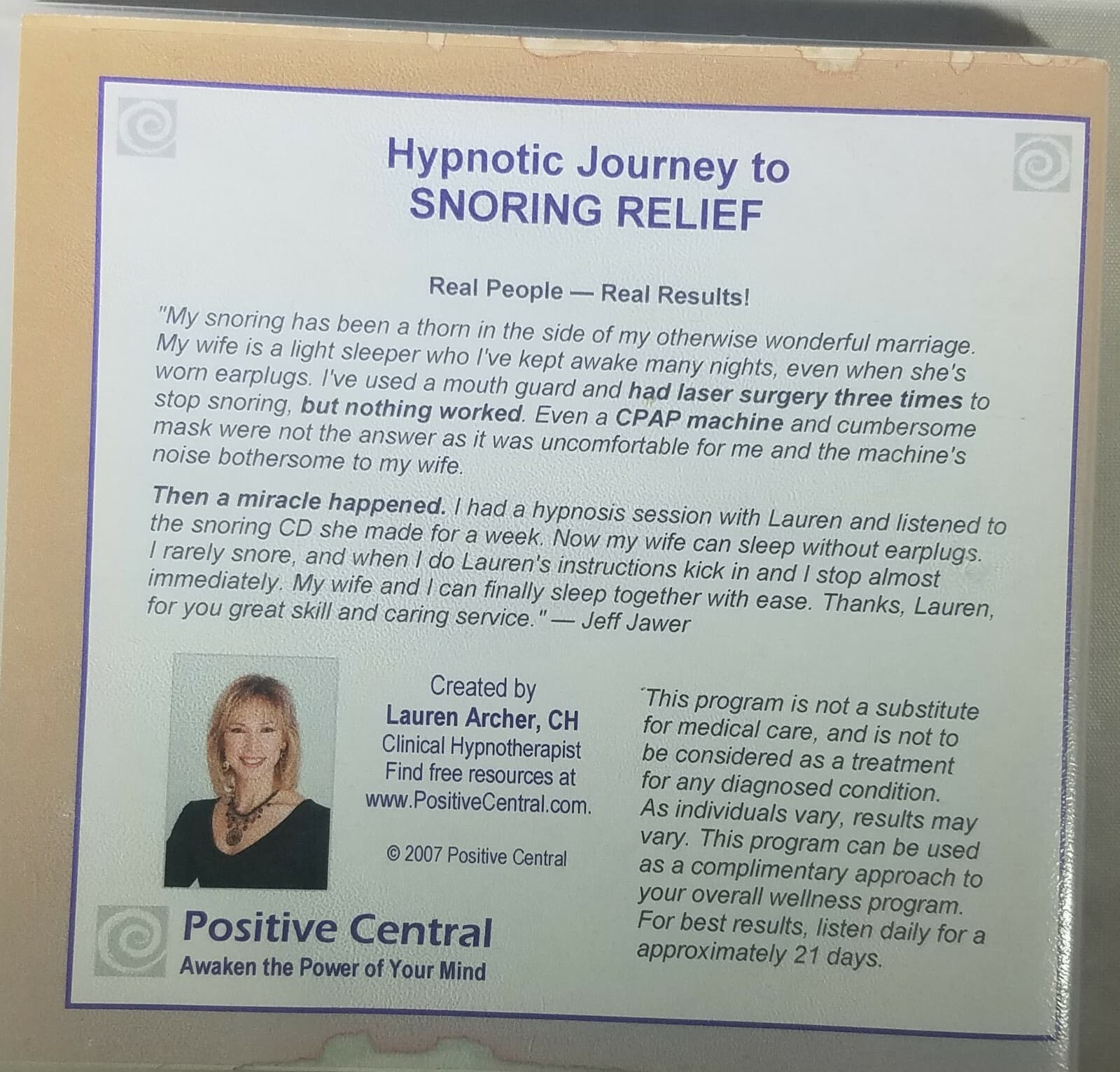 HYPNOTIC JOURNEY TO SNORING RELIEF CD Positive Central Production~Lauren Archer 2