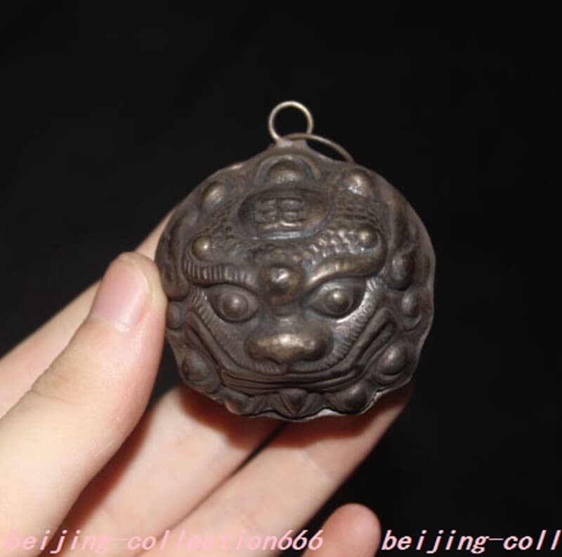 China bronze ward off evil spirits Fu Foo Dog Lion beast head Evil spirits Bells 4