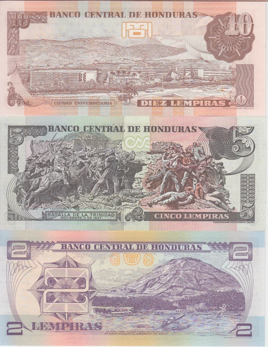 Honduras Banknote P.80Ac/85c/86d 2-5-10 Lempiras 2003/06  Lot of 3 different UNC 2