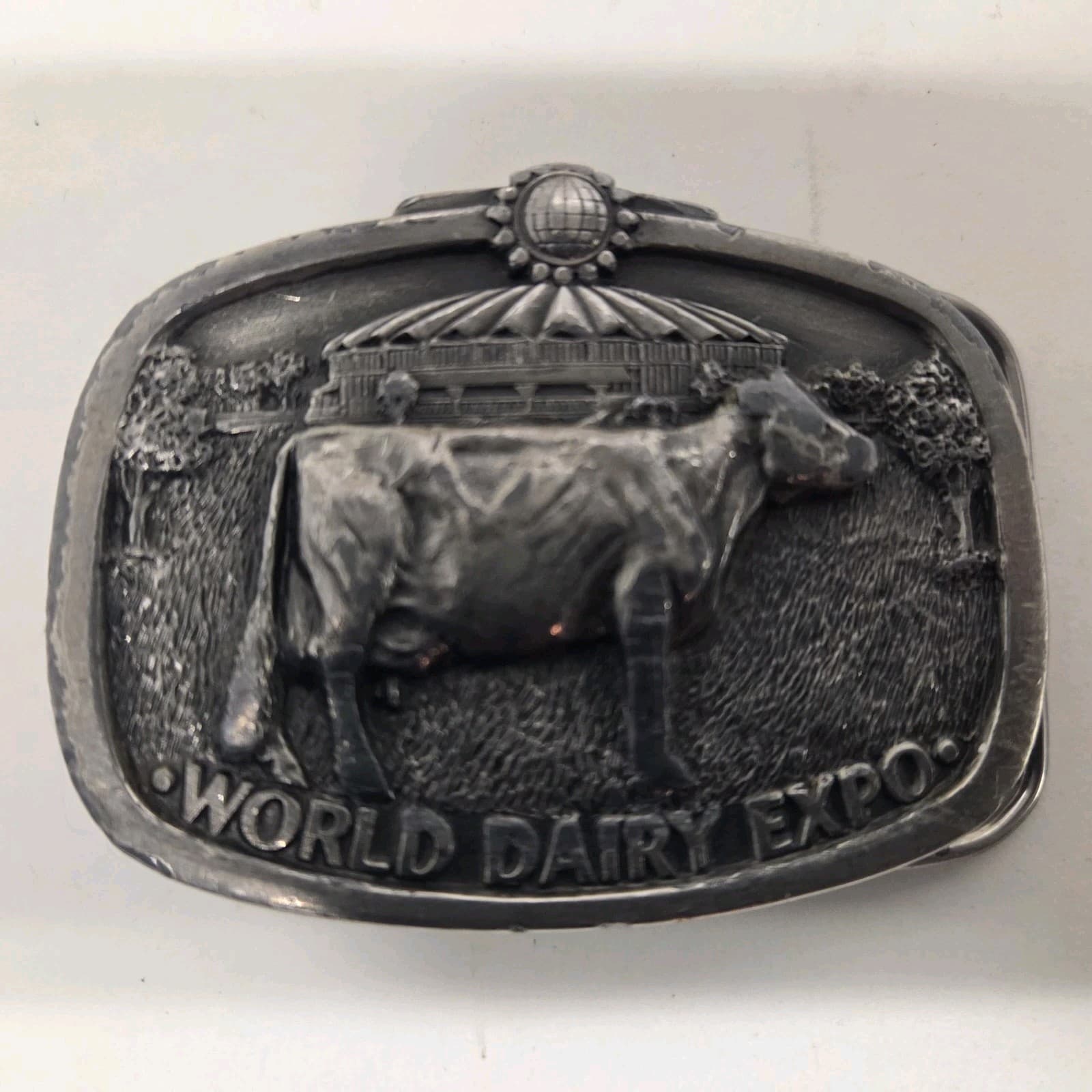 Vintage World Dairy Expo Milking Cow 3" Silver Toned Belt Buckle 2