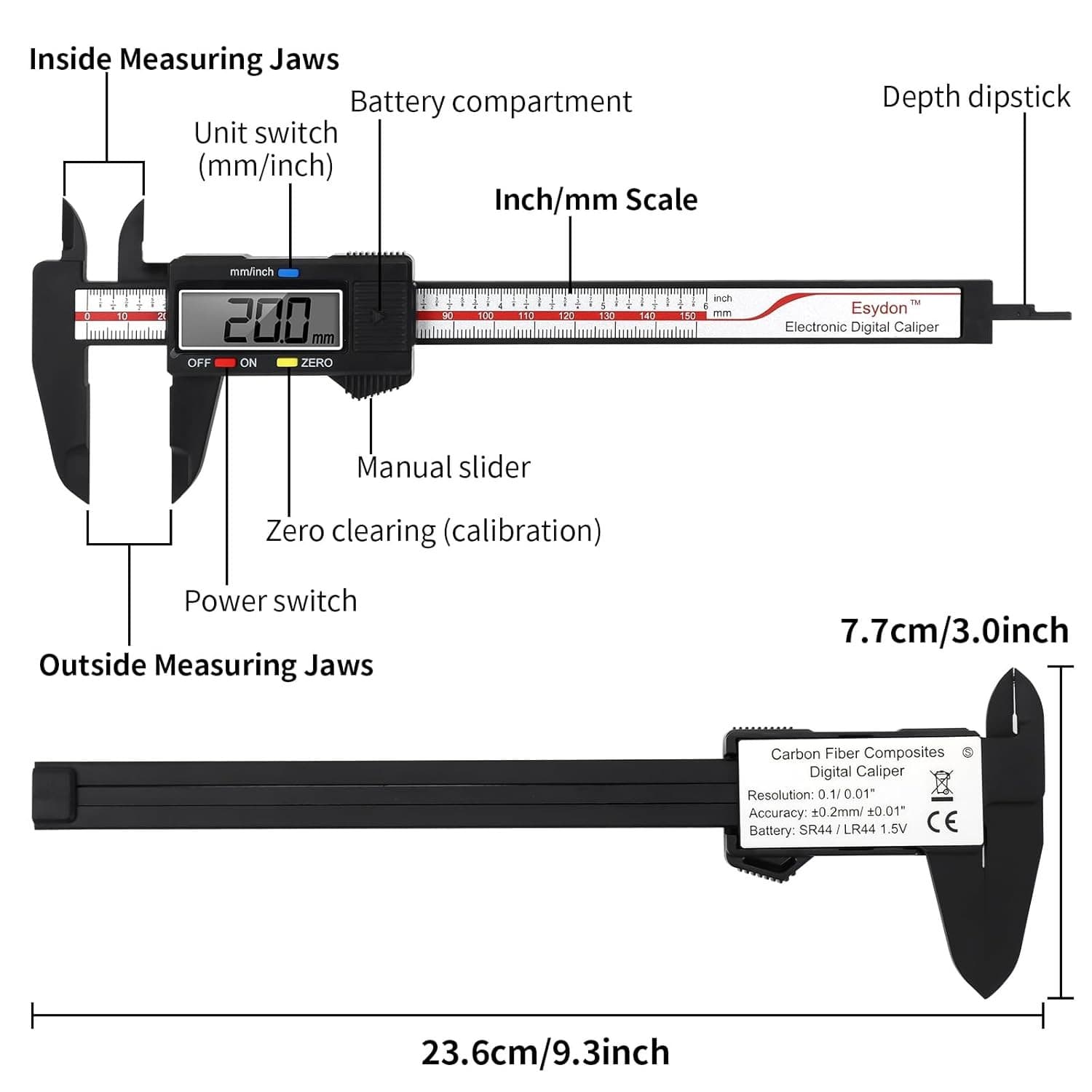 Digital Caliper, Esydon Upgraded Calipers 6 inch, Measuring Tool, Electronic Rul 6