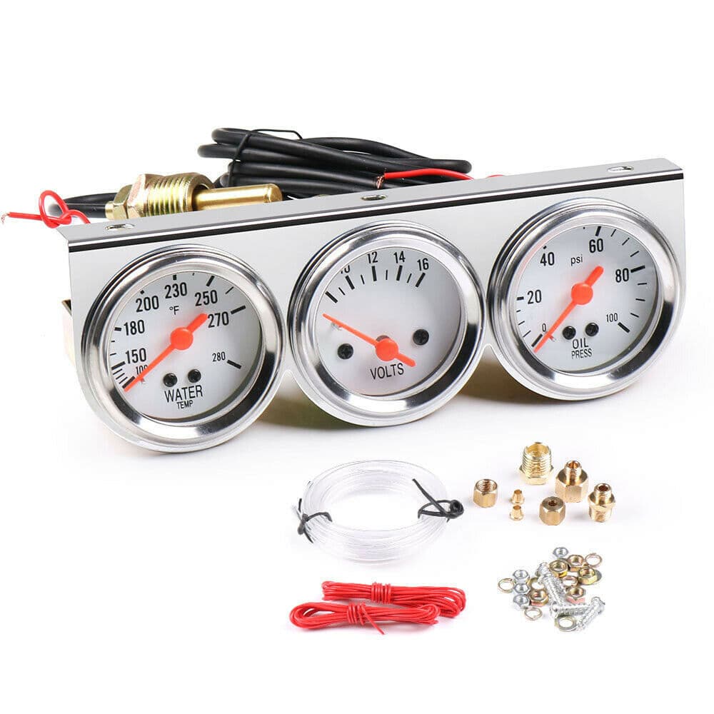 2'' 52mm Oil Pressure Water Temp Volt Meter Triple Gauge Mechanical Chrome Set 3
