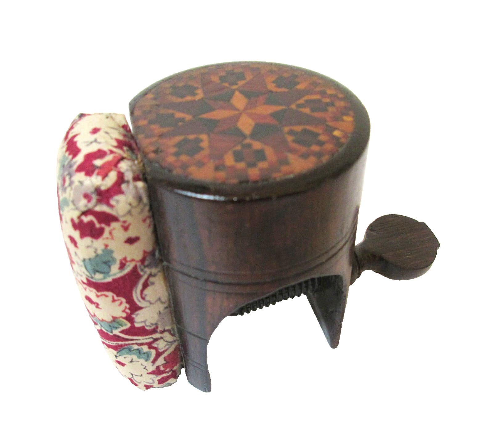 Antique Rosewood Sewing Clamp and Pin Cushion Stickware Decoration