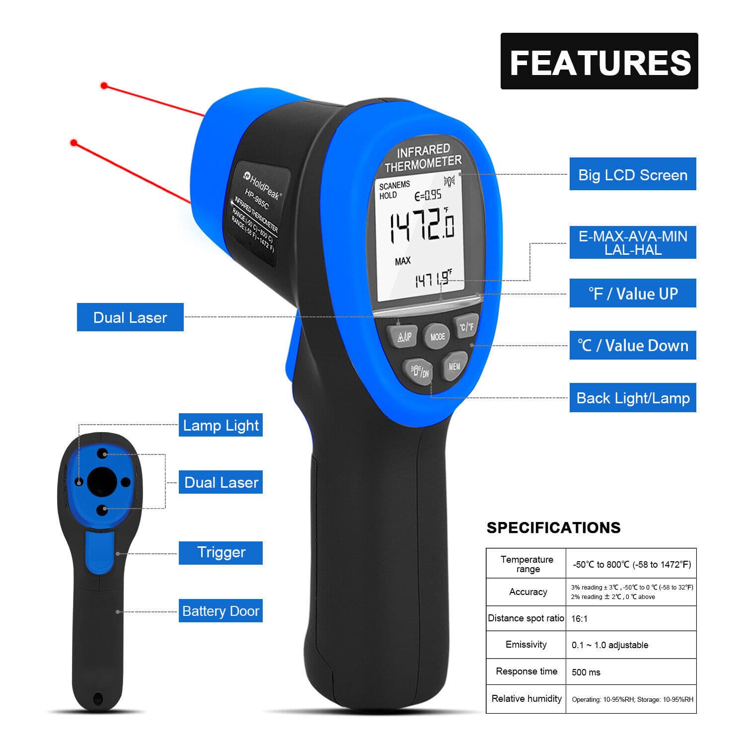 -50~800℃ Digital Infrared Thermometer Gun Double Laser IR Temperature Meter 16:1 2