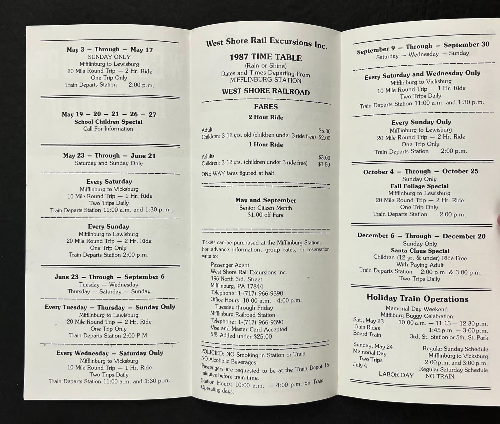 1987 Mifflinburg PA West Shore Railroad RR Train Ride Vintage Travel Brochure 2