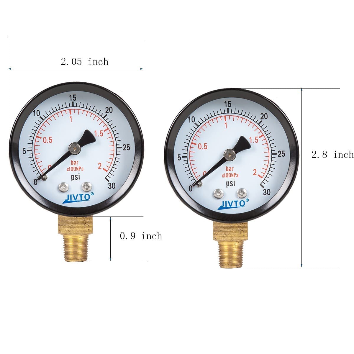 JIVTO dry Pressure Gauge, 2" Dia, 0-30 PSI, 1/8 NPT Lower Mount ( pack of 1) 3